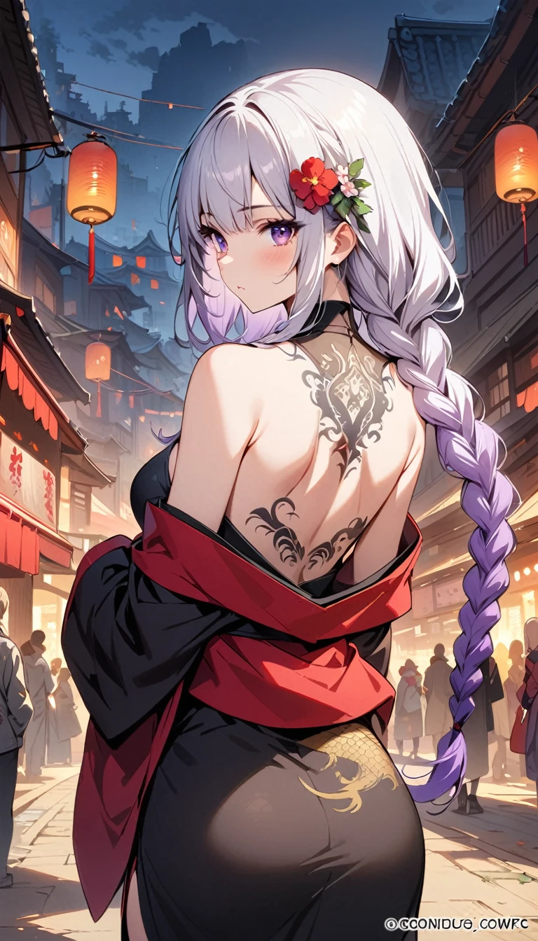 masterpiece, Top quality, best quality, Official Art, beautiful and aesthetic:1.2),1 Girl, yinji, purple hair, purple eyes, long hair, white hair, double braids, gradient hair, Tattoo, Solitary, Japanese clothes, Red and black kimono, Hair accessories, back Tattoo, dragon Tattoo, Off-shoulder, Bare shoulders, look back, From the back, flower, looking at the audience, Keep, cosmetic, outdoor,