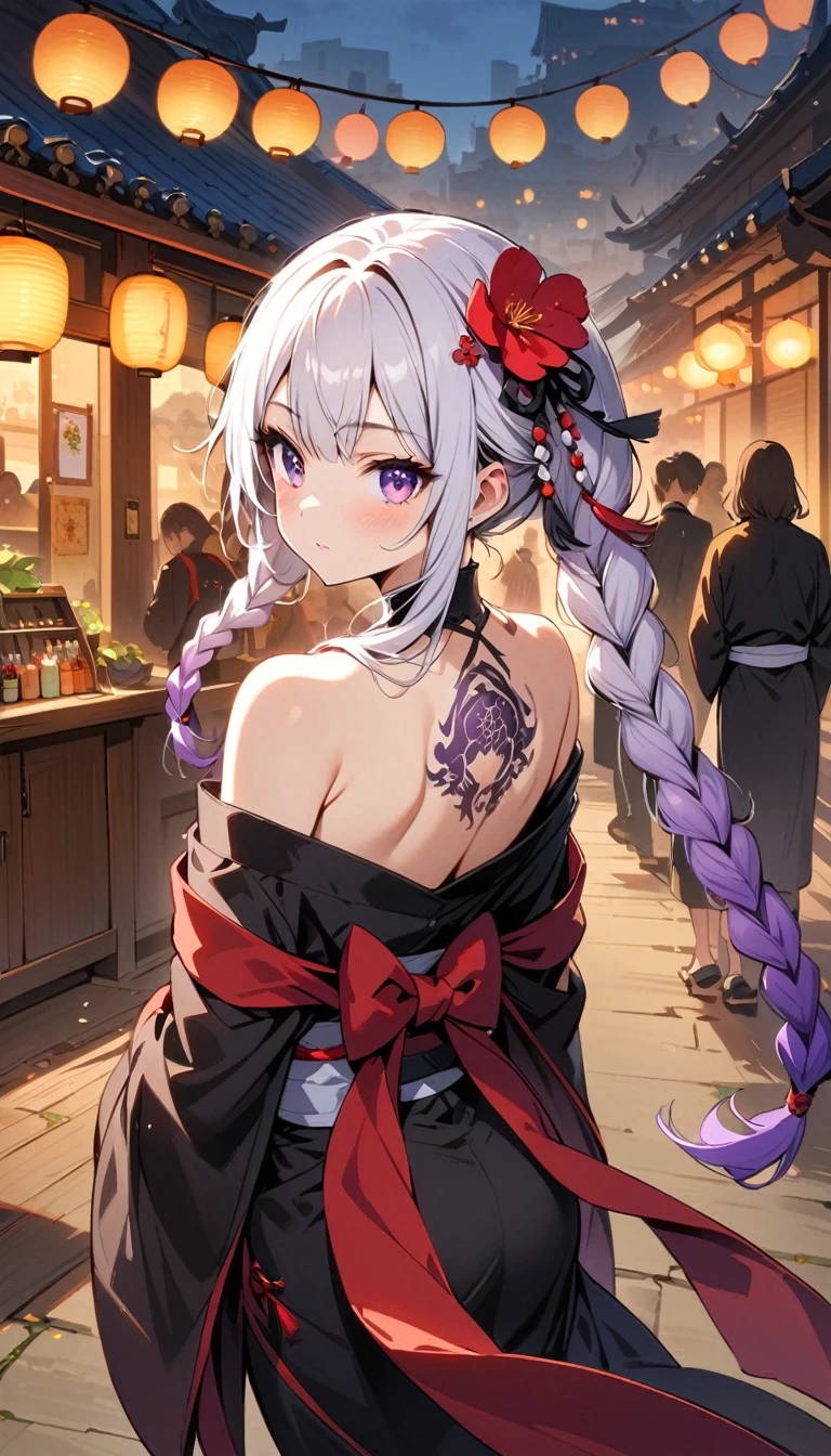 masterpiece, Top quality, best quality, Official Art, beautiful and aesthetic:1.2),1 Girl, yinji, purple hair, purple eyes, long hair, white hair, double braids, gradient hair, Tattoo, Solitary, Japanese clothes, Red and black kimono, Hair accessories, back Tattoo, dragon Tattoo, Off-shoulder, Bare shoulders, look back, From the back, flower, looking at the audience, Keep, cosmetic, outdoor,