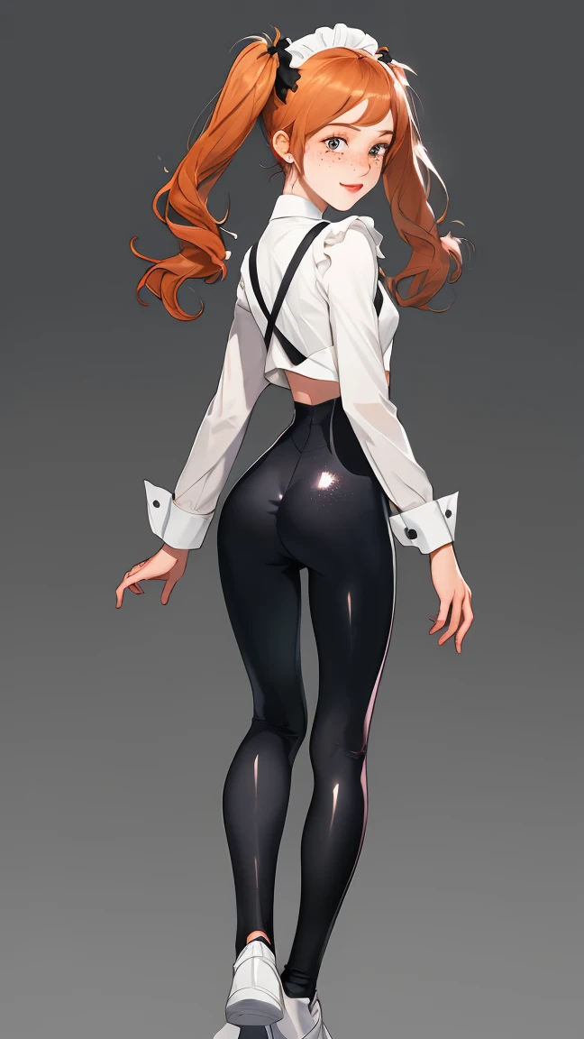 View from behind, maid outfit,masterpiece, fullbody，solo，  best quality, ridiculous, high resolution, 4k, ray tracing, intricate details, very detailed, looking back, (1girl: perfect face, cute, small breasts , long ginger hair, , twin tails, freckles, shiny leggings)