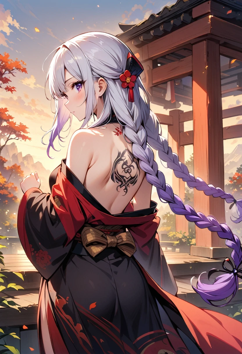 masterpiece, Top quality, best quality, Official Art, beautiful and aesthetic:1.2),1 Girl, yinji, purple hair, purple eyes, long hair, white hair, double braids, gradient hair, Tattoo, Solitary, Japanese clothes, Red and black kimono, Hair accessories, back Tattoo, dragon Tattoo, Off-shoulder, Bare shoulders, look back, From the back, flower, looking at the audience, Keep, cosmetic, outdoor,