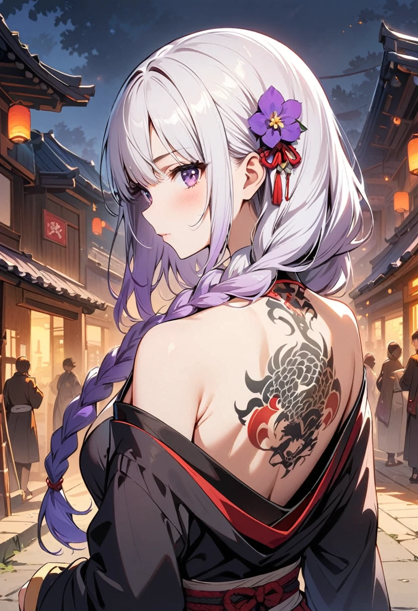 masterpiece, Top quality, best quality, Official Art, beautiful and aesthetic:1.2),1 Girl, yinji, purple hair, purple eyes, long hair, white hair, double braids, gradient hair, Tattoo, Solitary, Japanese clothes, Red and black kimono, Hair accessories, back Tattoo, dragon Tattoo, Off-shoulder, Bare shoulders, look back, From the back, flower, looking at the audience, Keep, cosmetic, outdoor,