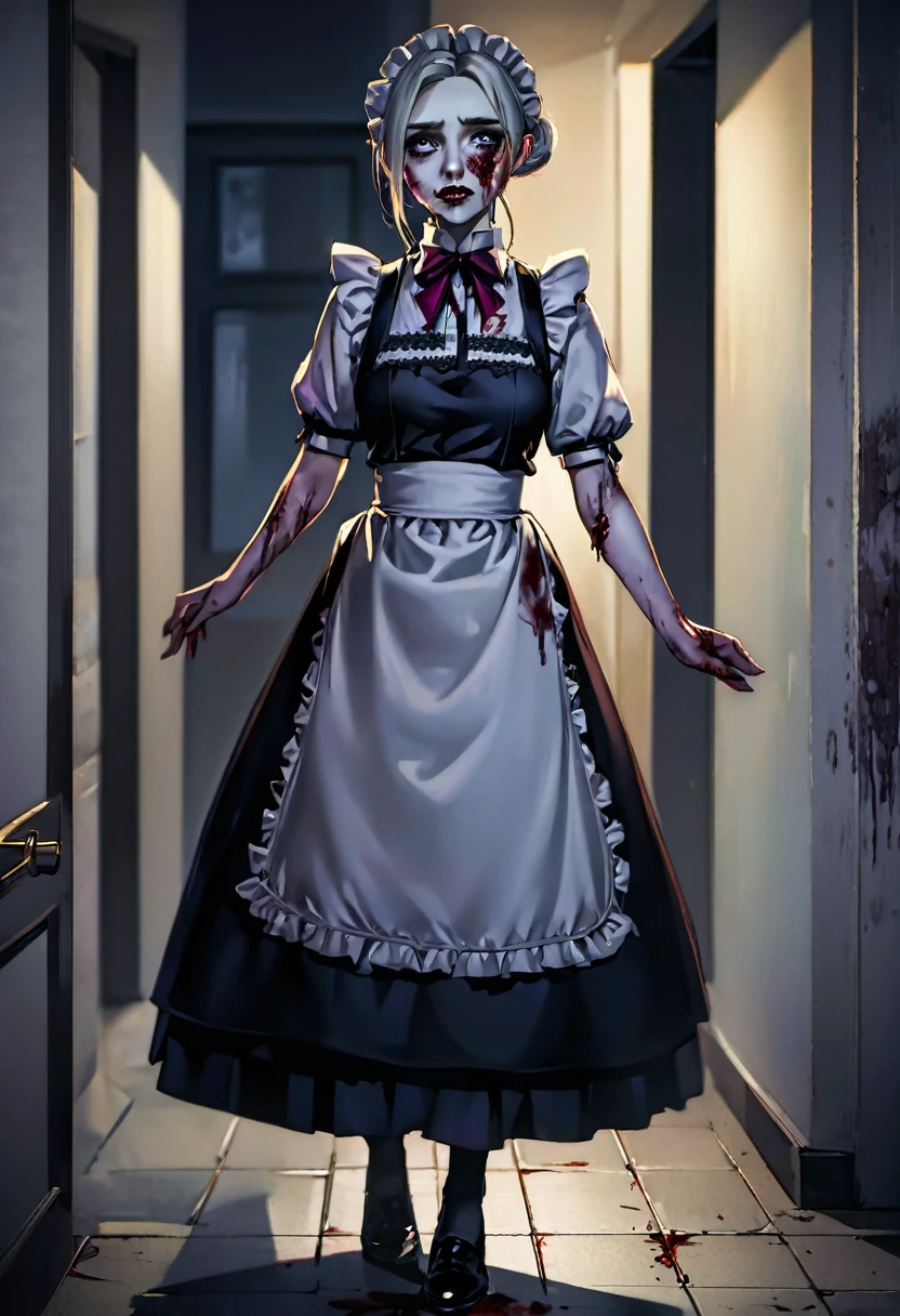 Full body shown. A zombie woman in a maid outfit, extremely detailed eyes and face, beautiful detailed lips, longeyelashes, detailed zombie skin texture, maid outfit with lace and ribbons, Halloween night, horror, dark and moody atmosphere, dramatic lighting, pale skin, sunken eyes, sharp teeth, dripping blood, brain, (best quality,4k,8k,highres,masterpiece:1.2),ultra-detailed,(realistic,photorealistic,photo-realistic:1.37),dark colors,deep shadows,cinematic,dramatic. Full body shon, show her from head to toe
