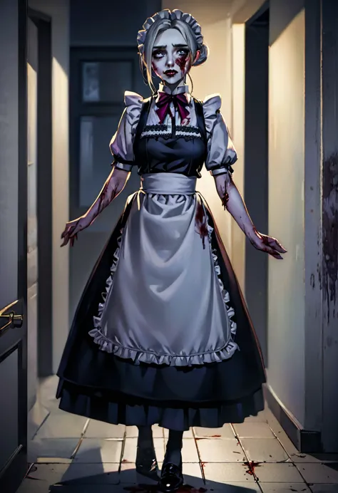 full body shown. a zombie woman in a maid outfit, extremely detailed eyes and face, beautiful detailed lips, longeyelashes, deta...