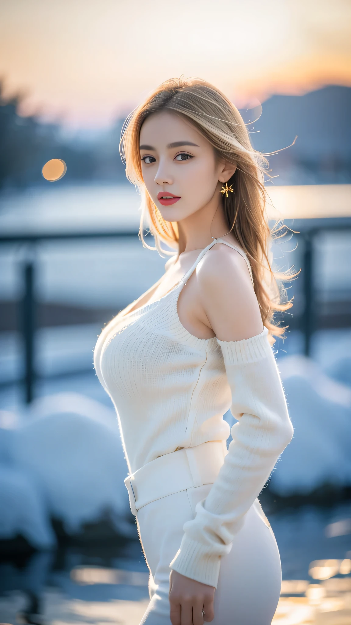 ((Top quality、8K、masterpiece:1.3))、Very pretty beautiful girl，full-body shot，Huge breasts，Breast enlargement，amazing breast size，G cup。Wear big earrings，The skin is so white，Hydrating red lips，Very thin waist，Thighs are very thin，Big Ass，Fair and smooth skin，Smooth and fair skin，flawless skin，Fair and shiny skin，Cool white skin，The camera focuses on the chest，Bright Light，White sweater，Lower body exposed，Bare shoulders，Light Blonde Hair，Hair is light blonde，Snow covered the ground，Snow Mountain，Sunset，lake