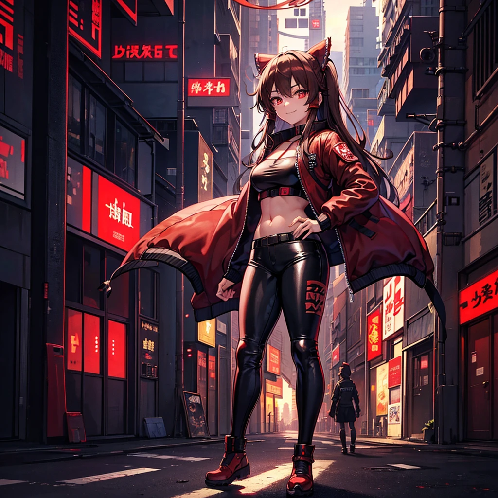 1 girl, Reimu Hakurie, project touhou, masterpiece, glowing eyes, brown eyes, red eyeliner, smug smile, alternate costume, bomber jacket, leather pants, kneepad, cyberpunk art style, cyberpunk cityscape,