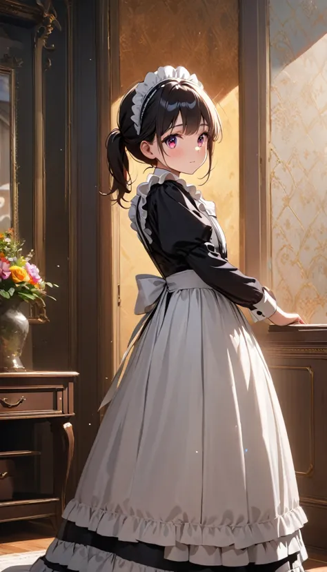 female\(cute,small kid,age of 10,cosmic eyes,victorian maid,black long dress,full body,turn around,skirt\(spreads,flutters\)\), ...
