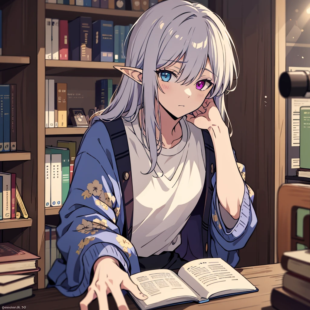 solo, Cool male elf with purple and blue heterochromia, Silver straight hair, Please wear a shirt and cardigan, Wearing slacks, sitting at a desk surrounded by bookshelves, Thinking about something, Looks boring, (highest quality,4K,8k,High resolution,masterpiece:1.2), Highly detailed facial expressions, Intricate details, Natural light, Warm colors, Soft Focus, Digital Painting, Fantasy art, 