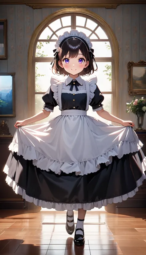 female\(cute,small kid,age of 10,cosmic eyes,victorian maid,black long dress,full body,smile,spin around,skirt\(spreads,flutters...