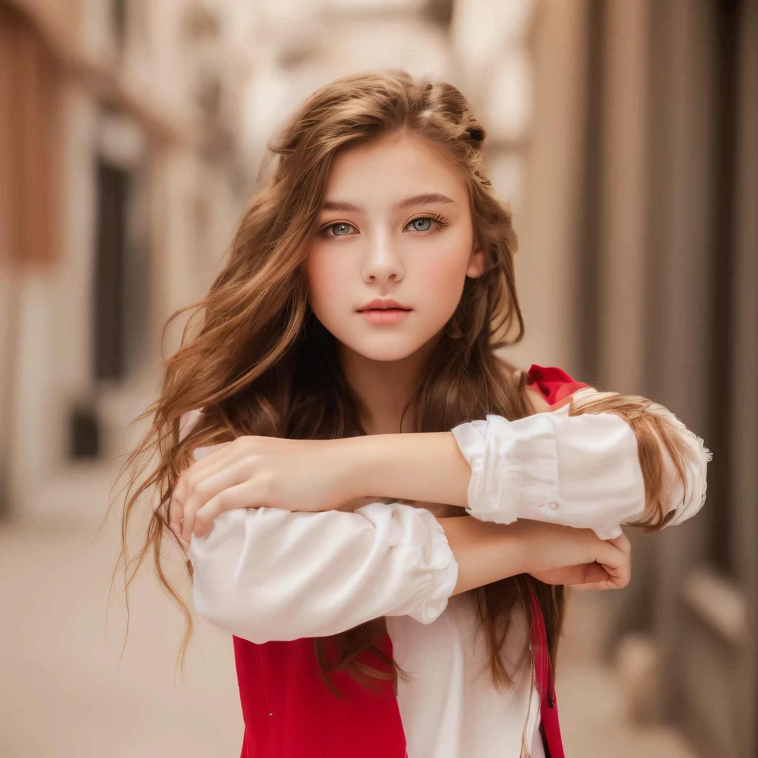 arafed Young Mädchens with long hair and a red vest, schönes junges Modell, cute Young Mädchens, beautiful Young Mädchens, Young Mädchens, lange haare junger mann, schönes Mädchen Modell, junges süßes Mädchen, Mädchen&#39;s Foto, Sehr schönes Modell, lange Haare und rotes Shirt, Lässige Haltung, schöne Portraitfotos, Hochwertige Porträtaufnahmen, Dramatische ernste Pose, Porträtaufnahmen