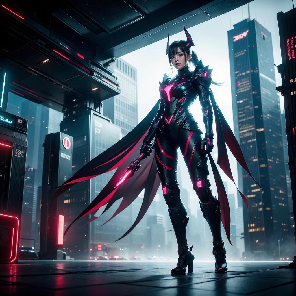 (masterpiece, full-body shot, intrincate raw photography), Imagine a bustling cyberpunk city at night, with neon lights reflecting off wet pavement. In the foreground, a beautiful female android stands tall and elegant, her metallic skin shimmering in the artificial light. She has sleek, angular features and piercing eyes that seem to glow with an otherworldly energy. In the middle ground, futuristic skyscrapers loom overhead, their surfaces adorned with holographic advertisements and blinking lights. In the background, flying cars zip through the night sky, leaving trails of light in their wake.


The scene is bathed in a cool blue light, creating a moody and mysterious atmosphere. The composition focuses on the android, her graceful pose exuding confidence and power. The camera angle is slightly low, emphasizing her height and presence in the urban landscape. Bokeh effects create a sense of depth, with the city lights blurred in the background.


The color palette is a mix of deep blues, neon pinks, and metallic silvers, enhancing the futuristic and high-tech feel of the scene. The overall mood is one of intrigue and fascination, inviting the viewer to ponder the nature of humanity and technology in this cybernetic world.


Style: Futuristic cyberpunk, realistic
Composition: Foreground android, middle ground skyscrapers, background flying cars
Lighting: Cool blue light, neon reflections
Techniques: Bokeh effects, low angle perspective
Colors: Deep blues, neon pinks, metallic silvers
Emotions: Intrigue, fascination