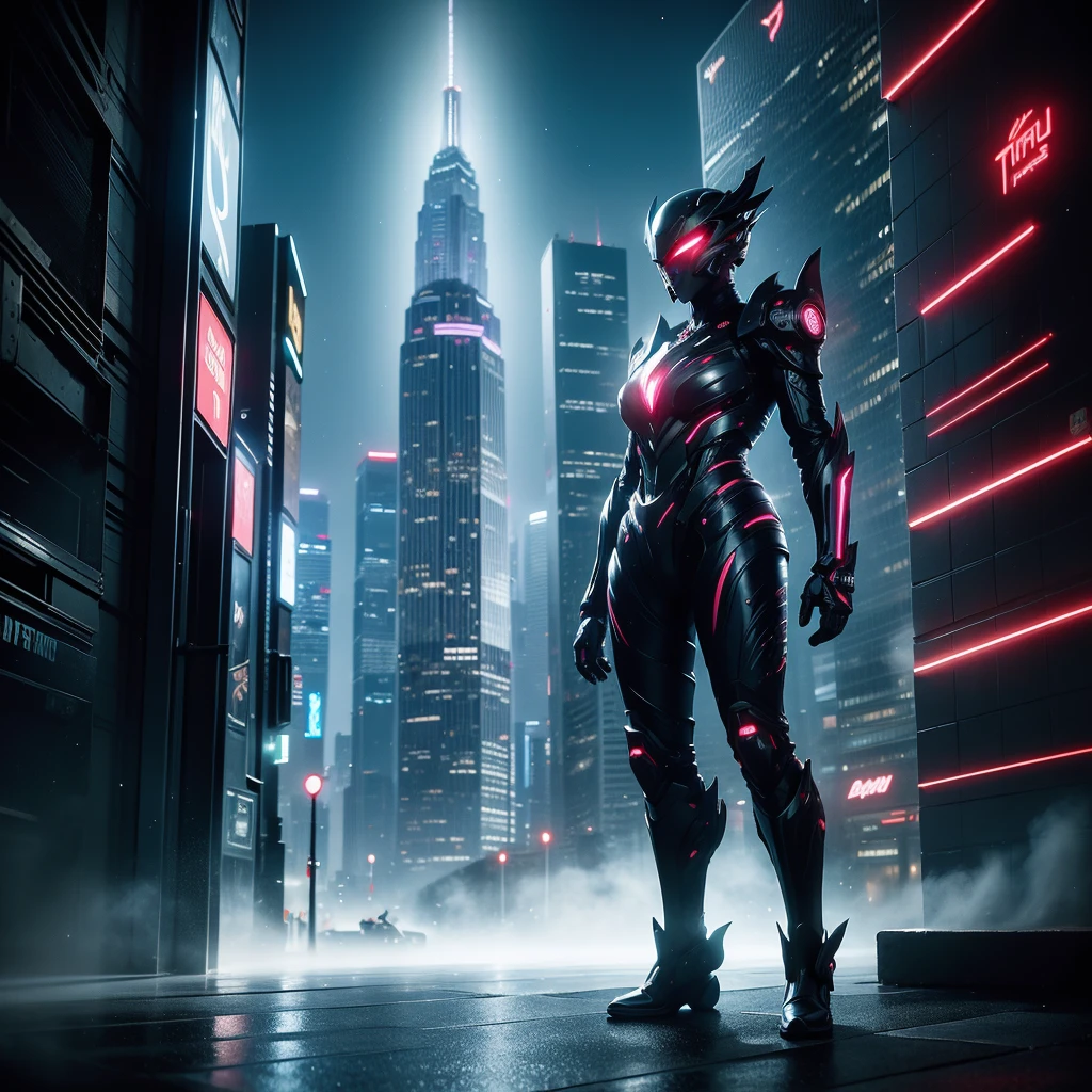 (masterpiece, full-body shot, intrincate raw photography), Imagine a bustling cyberpunk city at night, with neon lights reflecting off wet pavement. In the foreground, a beautiful female android stands tall and elegant, her metallic skin shimmering in the artificial light. She has sleek, angular features and piercing eyes that seem to glow with an otherworldly energy. In the middle ground, futuristic skyscrapers loom overhead, their surfaces adorned with holographic advertisements and blinking lights. In the background, flying cars zip through the night sky, leaving trails of light in their wake.


The scene is bathed in a cool blue light, creating a moody and mysterious atmosphere. The composition focuses on the android, her graceful pose exuding confidence and power. The camera angle is slightly low, emphasizing her height and presence in the urban landscape. Bokeh effects create a sense of depth, with the city lights blurred in the background.


The color palette is a mix of deep blues, neon pinks, and metallic silvers, enhancing the futuristic and high-tech feel of the scene. The overall mood is one of intrigue and fascination, inviting the viewer to ponder the nature of humanity and technology in this cybernetic world.


Style: Futuristic cyberpunk, realistic
Composition: Foreground android, middle ground skyscrapers, background flying cars
Lighting: Cool blue light, neon reflections
Techniques: Bokeh effects, low angle perspective
Colors: Deep blues, neon pinks, metallic silvers
Emotions: Intrigue, fascination