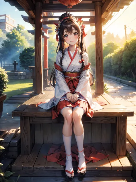 masterpiece, best quality, High resolution, 1 Girl, Honoka, Shrine maiden, And skirts, sit, shrine, Smile 