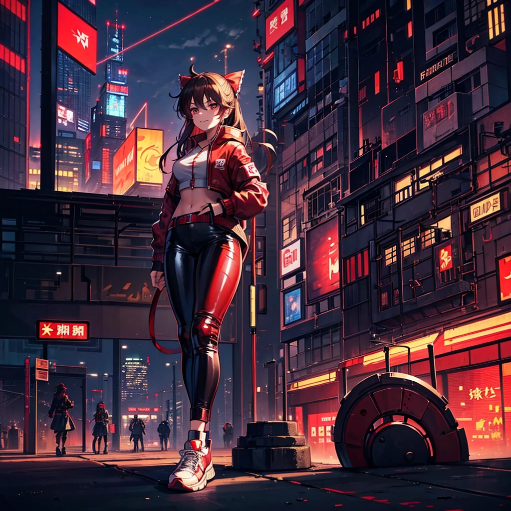 1 girl, Reimu Hakurie, project touhou, masterpiece, glowing eyes, brown eyes, red eyeliner, smug smile, alternate costume, bomber jacket, leather pants, kneepad, high top sneakers, cyberpunk art style, cyberpunk cityscape,