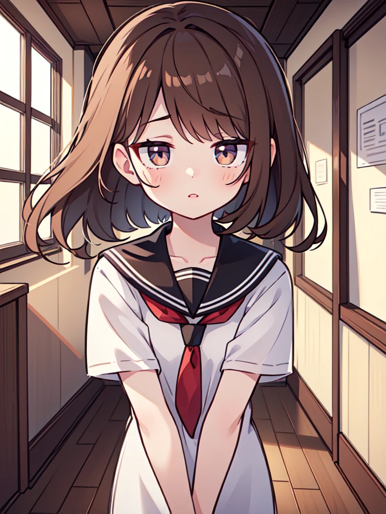 (best quality,4k,8k,highres,masterpiece:1.2),brown hair,,1girl,beautiful detailed eyes,beautiful detailed lips,long eyelashes,standing in a school hallway,looking at camera,soft lighting,warm color tones,cinematic composition