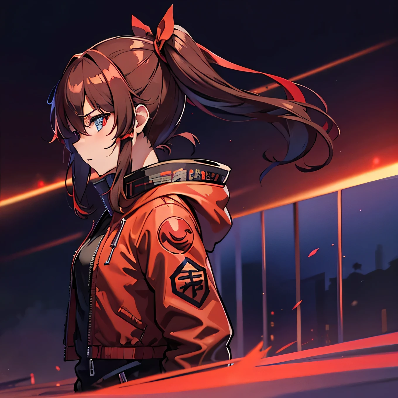 1 girl, Reimu Hakurie, touhou, masterpeice, brown hair, neon blue eyes, glowing eyes, red eyeliner, alternate costume, red bomber jacket, cyber punk art style, cyber punk background