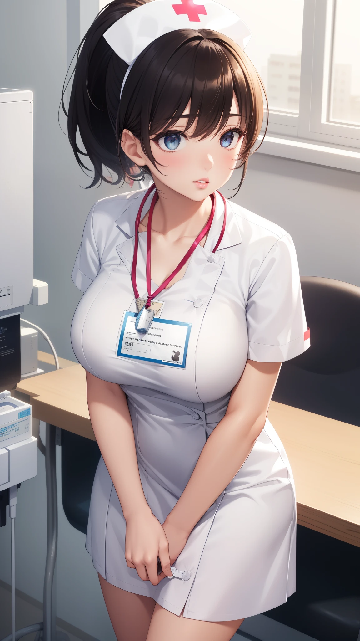 1girl, natural lighting, masterpiece, highly detailed, illustration, game CG, absurdres, high quality, aichan, (large breasts), beautiful detailed eyes, short hair, ponytail, light curled hair, bangs, glossy lips, lips parted, collarbone, nurse office, hospital infirmary, nurse, white nurse dress, nurse headband, ID card