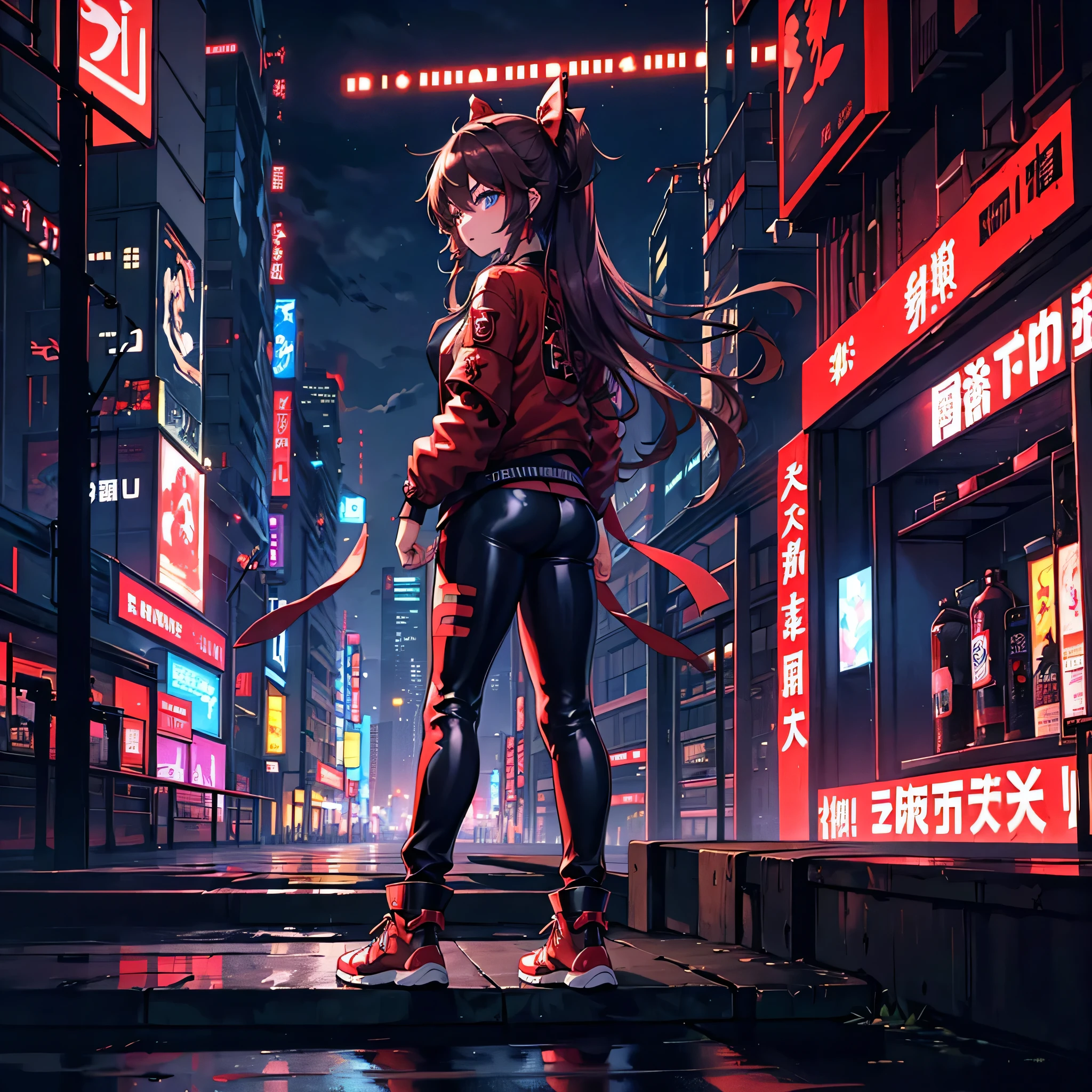 1 girl, Reimu Hakurie, touhou, masterpeice, brown hair, neon blue eyes, glowing eyes, red eyeliner, alternate costume, red bomber jacket, dark leather pants, high top sneakers, cyber punk art style, cyberpunk cityground, wide shot