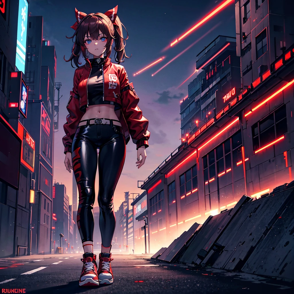 1 girl, solo, lone girl, Reimu Hakurei, touhou, masterpiece, brown hair, neon blue eyes, glowing eyes, red eyeliner, alternate costume, red bomber jacket, dark leather pants, high top sneakers, cyber punk art style, cyberpunk cityscape, wide shot