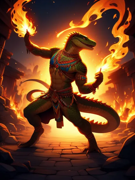 Lizardman, twirling fire sticks, dancing, tribal clothes, view from behind