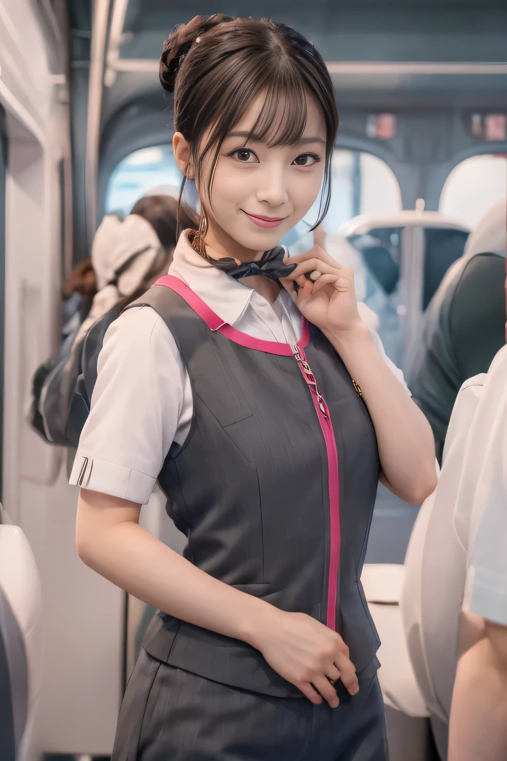 (masterpiece:1.2, highest quality:1.2), 32K HDR, High resolution, (alone、1 girl)、（On board the Shinkansen、Professional Lighting）、Background in the car、（Realistic style wearing JR GranClass attendant uniform）、Blouse with short sleeves、Scarf around the neck、（JR GranClass attendant uniform with pink parts on the sleeves of the skirt）、（JR GranClass attendant uniform with pink line on front zipper of vest）、Dark brown hair、（Hair tied up、Bun Hair、Chignon）、Dark brown hair、Long Shot、Big Breasts、（（Fine hand：2.0）），（（Harmonious body proportions：1.5）），（（Normal limbs：2.0）），（（Normal finger：2.0）），（（Delicate eyes：2.0）），（（Normal eyes：2.0））)、Luxury Necklace、smile、Beautiful standing posture,Place your hands around your stomach