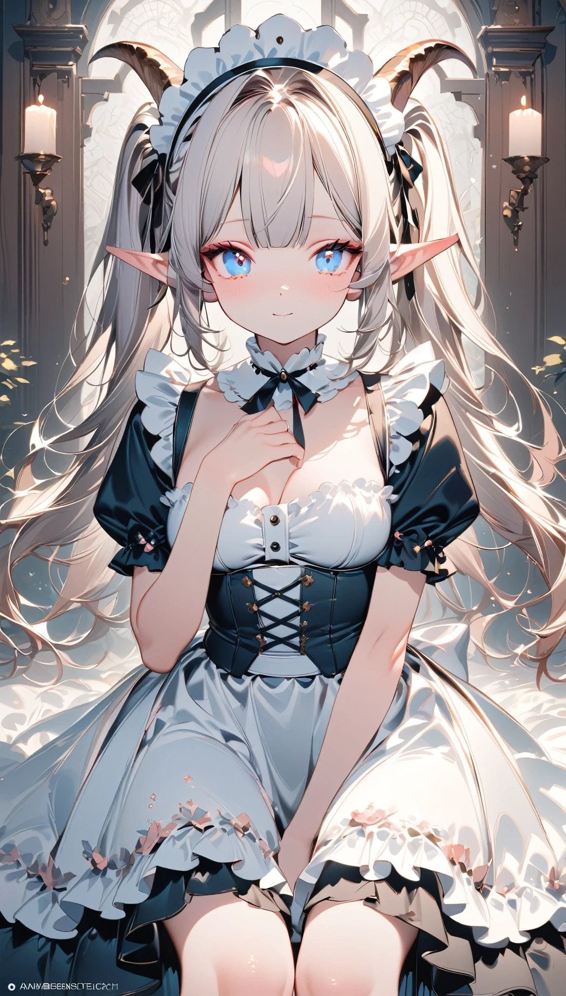 ((masterpiece )), (top quality), (best quality), ((ultra-detailed, 8k quality)), Aesthetics, volumetric lighting, (detailed line art), 
BREAK, 
highly detailed of (elf), (1girl), perfect face, details eye, double pigtails hair, Blunt bangs, (hair between eye), white hair, blue eyes, eyelashes, eyeshadow, pink eyeshadow, light smile, design art by Artgerm, by Kawacy, By Yoshitaka Amano,
BREAK,
portrait, frensh maid in a frensh maid outfit, victorian goth maid, headdress, indoors, ((antique victorian mansion)), dusty, dimly lit, candleholders, covered in cobwebs, cowboy shot, dynamic angle, side table, dangling her feet, sleepy eyes, tired expression, utmost boredom, looking at viewer, rests her chin on her hand, (graphic background, (plain background)), correct anatomy, amano yoshitaka, webbedtech, fuzzy organic webs, eroguronansensu, horror, Goat, gothic artstyle,
BREAK, 
((perfect anatomy)), nice body, medium breast, extremely detailed finger, best hands, perfect face, beautiful face, beautiful eyes, perfect eyes, perfect fingers,