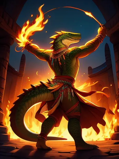 lizardman, twirling fire sticks, dancing, tribal clothes, view from behind, bending very far forward