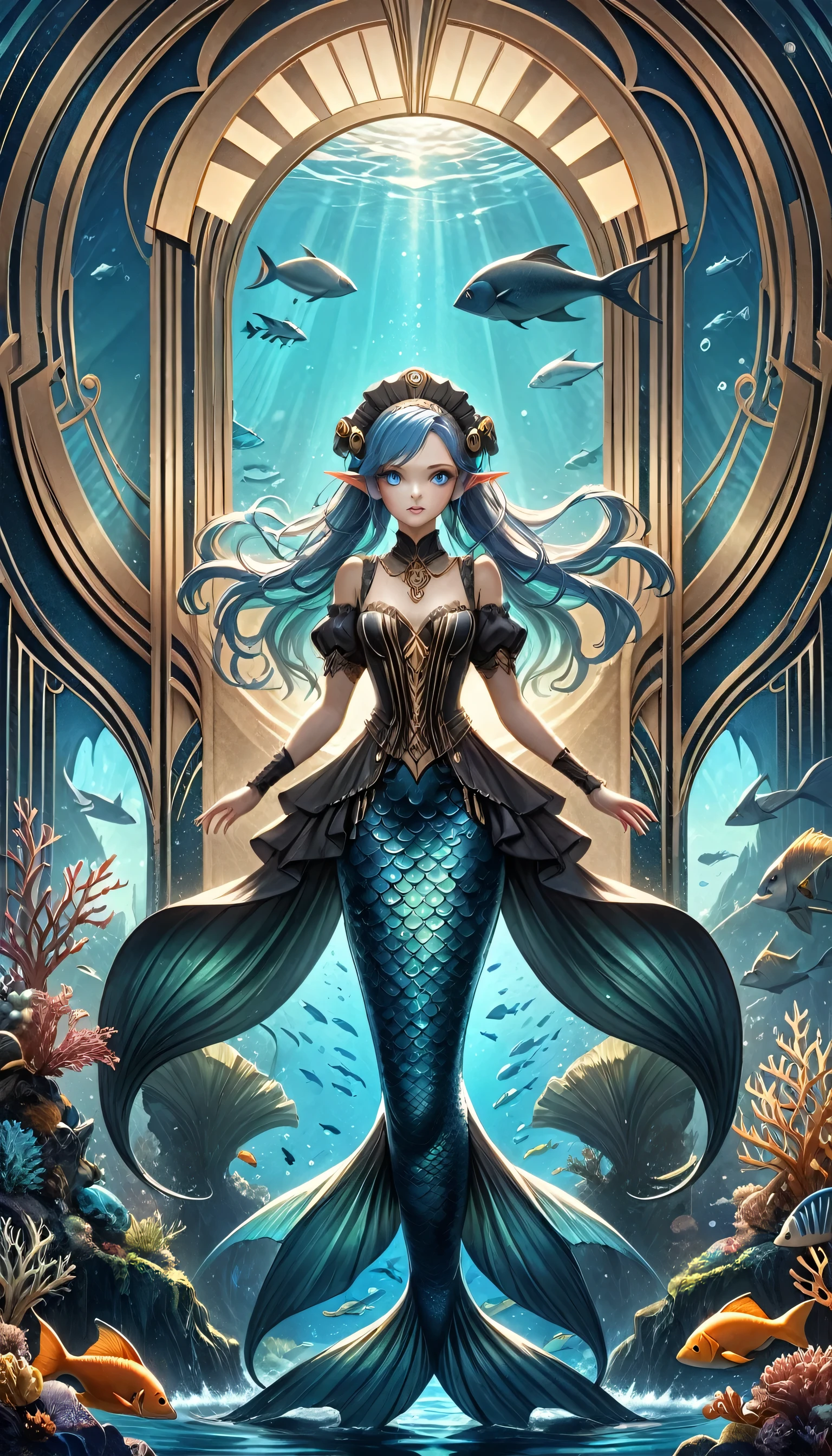 high details, best quality, 16k, ultra detailed, masterpiece, best quality, ((art deco style: 1.5)), full body, ultra wide shot, RAW, photorealistic, fantasy art, dnd art, rpg art, realistic art, an ultra wide picture of a mermaid  in steampunk times, under the sea (intricate details, Masterpiece, best quality: 1.4) , female mermaid, (blue: 1.3) skin, (green: 1,3) hair, long hair, swirling hair, intense eyes, small pointed ears, ((blue eyes)), ((glowing eyes)), wearing (black:1.3) ((maid outfit)), beautiful mermaid, you can see rich underwater life, fish, riff, dynamic fantasy blue beach background ((magical atmosphere)), high details, best quality, highres, ultra wide angle, ggmine, Dark Novel