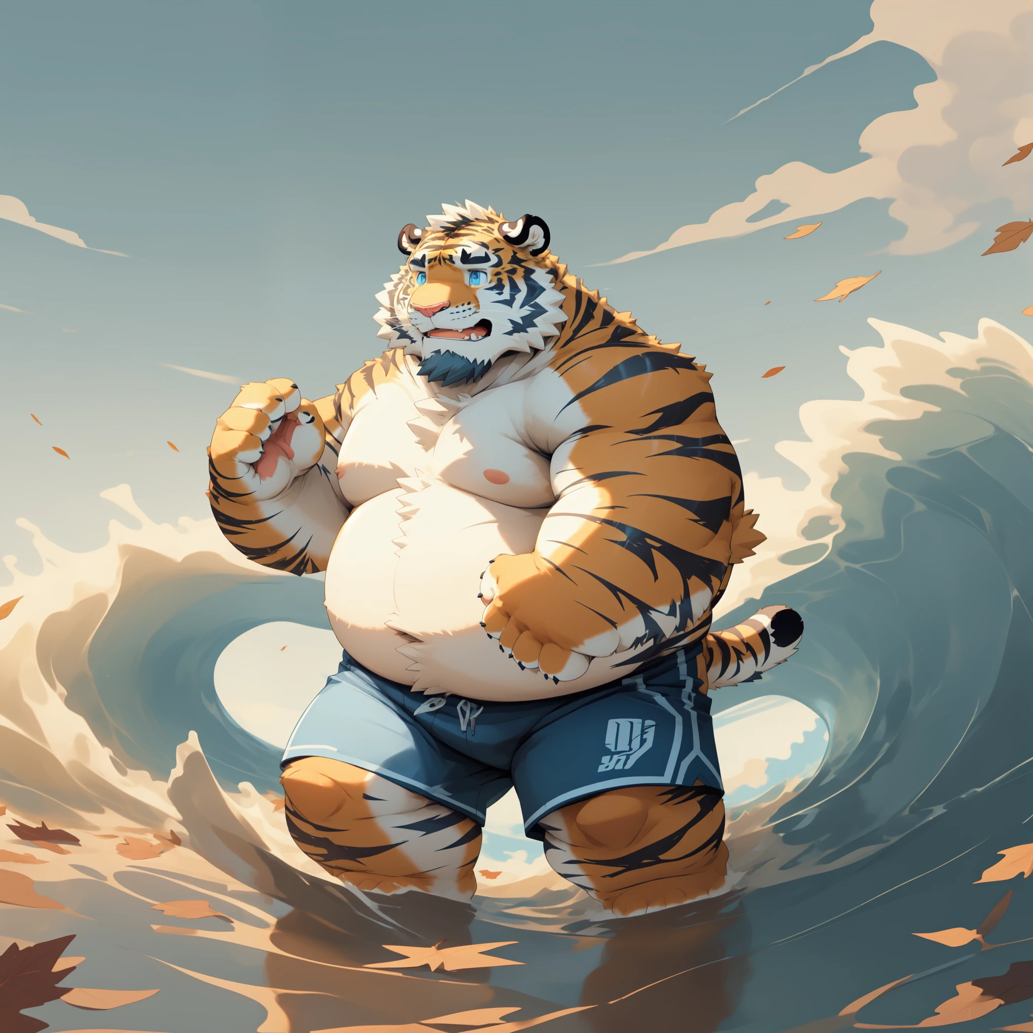 New Jersey 5 Furry,Tiger,Solitary,Chubby,Fat,Thick arms,Rugged muscles,shorts,orange Plush fur,Chubby Face,Black eyebrows,Sky blue eyes,Beard, （topless,short）,grassland，wave，Fallen Leaves