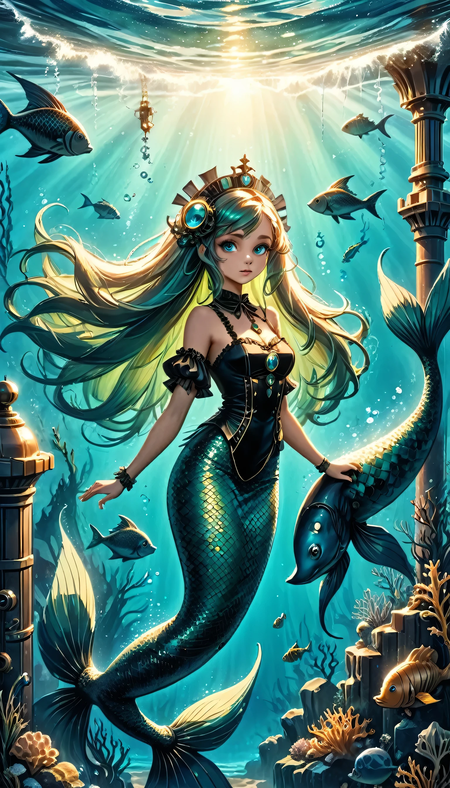 high details, best quality, 16k, ultra detailed, masterpiece, best quality, ((art deco style: 1.5)), full body, ultra wide shot, RAW, photorealistic, fantasy art, dnd art, rpg art, realistic art, an ultra wide picture of a mermaid  in steampunk times, under the sea (intricate details, Masterpiece, best quality: 1.4) , female mermaid, (blue: 1.3) skin, (green: 1,3) hair, long hair, swirling hair, intense eyes, small pointed ears, ((blue eyes)), ((glowing eyes)), wearing (black:1.3) ((maid outfit)), beautiful mermaid, you can see rich underwater life, fish, riff, dynamic fantasy blue beach background ((magical atmosphere)), high details, best quality, highres, ultra wide angle, ggmine, Dark Novel