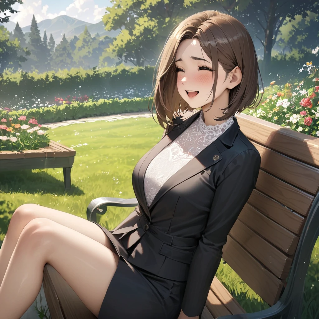 sunny day, Elegant photo of a girl in a blazer dress, (Puffy eyes:1.05), (White lace shirt), Platinum brown hair, (Angled Bob:1.4), Flat bangs, (Flowing hair), smile, Happy, happiness, Skin with attention to detail, Skin pores, A beautiful innocent symmetrical face, Long eyelashes, Black eyeliner, Light gold eyeshadow,(Sit on a bench), Crossed_feet, Emotional, Wind, garden, wood, Grass, masterpiece, highest quality, Realistic,