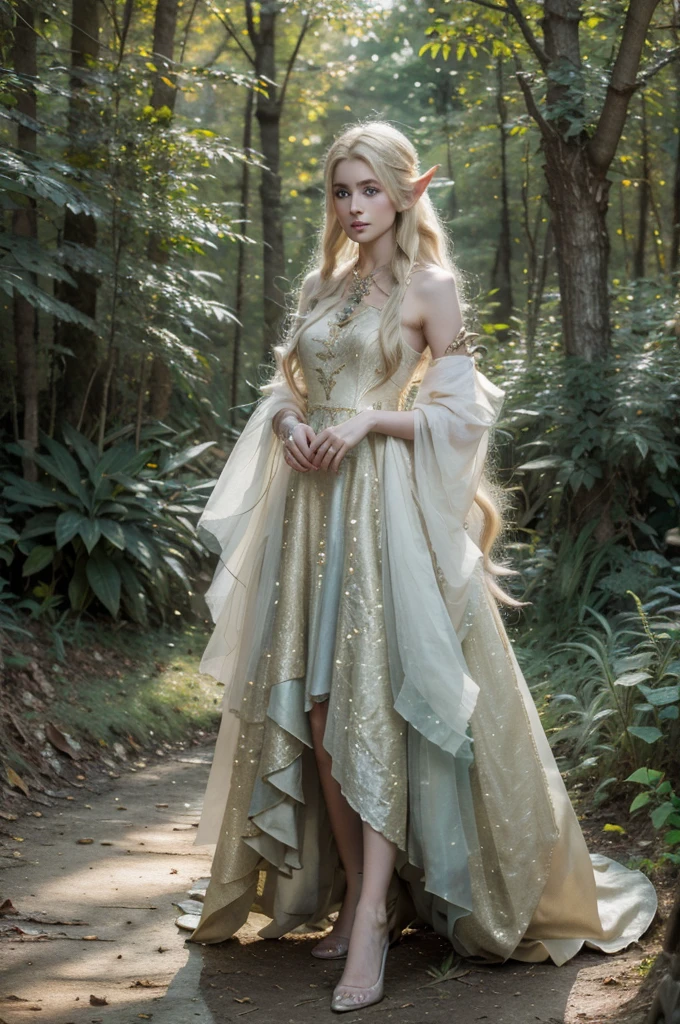 best quality, 8k, highly detailed face and skin texture, high resolution, blond long hair woman elf in gorgeous dress at the forest, full body, sharp focus