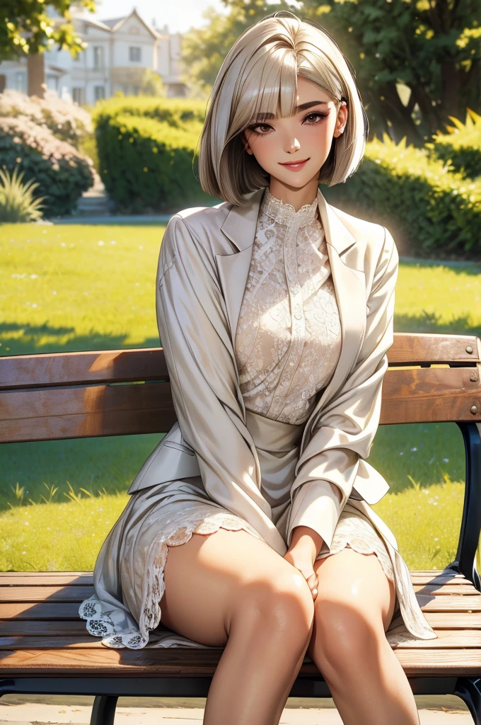 sunny day, Elegant photo of a girl in a blazer dress, (Puffy eyes:1.05), (White lace shirt), Platinum brown hair, (Angled Bob:1.4), Flat bangs, (Flowing hair), smile, Happy, happiness, Skin with attention to detail, Skin pores, A beautiful innocent symmetrical face, Long eyelashes, Black eyeliner, Light gold eyeshadow,(Sit on a bench), Crossed_feet, Emotional, Wind, garden, wood, Grass, masterpiece, highest quality, Realistic,