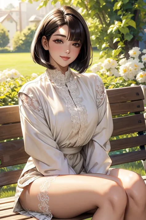 sunny day, Elegant photo of a girl in a blazer dress, (Puffy eyes:1.05), (White lace shirt), Platinum brown hair, (Angled Bob:1....