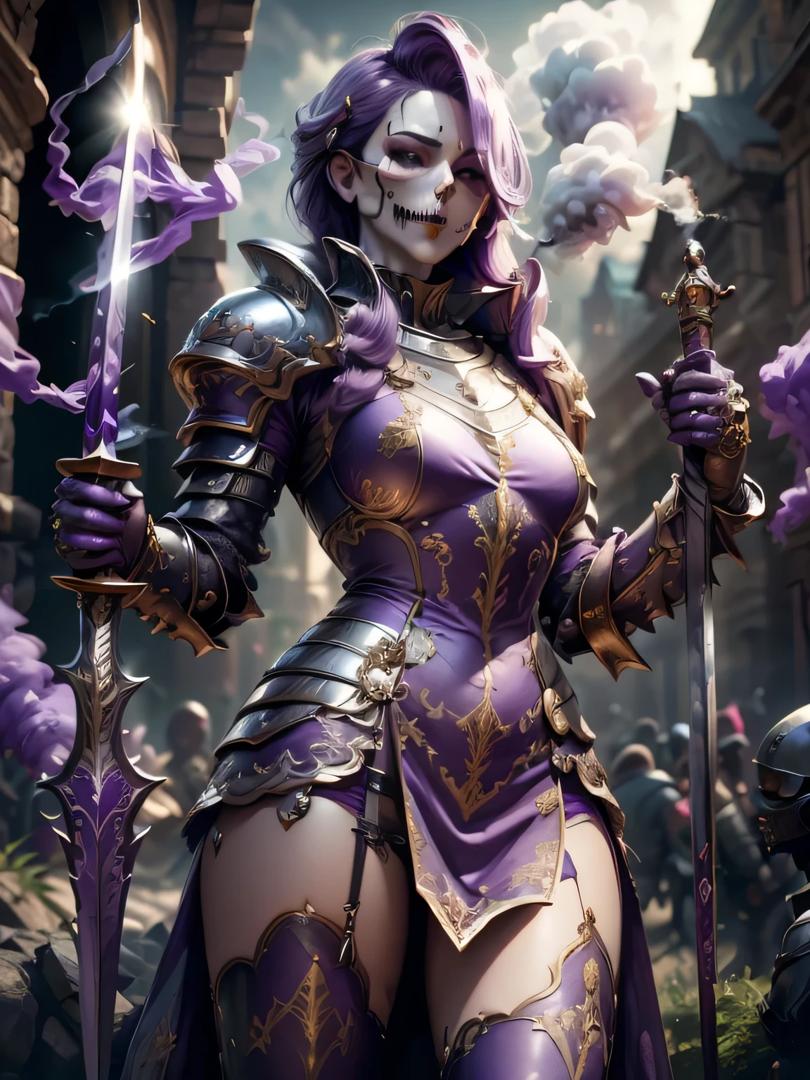 (Obra maestra, Magnífico detalle, súper detallado, alta resolución), enfoque masculino, (((armadura femenina))), (((Conjunto de vestido morado Armor))), (((máscara de calavera))), (ella tiene el pelo largo y morado, pechos medianos, Delgado, cuerpo perfecto, hermoso rostro), mirar al espectador, (((bragas moradas))), (((sosteniendo espada de humo))), ruinas de la ciudad, Detalles de fondo, Solo