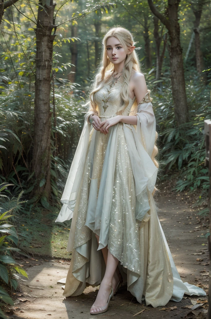 best quality, 8k, highly detailed face and skin texture, high resolution, blond long hair woman elf in gorgeous dress at the forest, full body, sharp focus