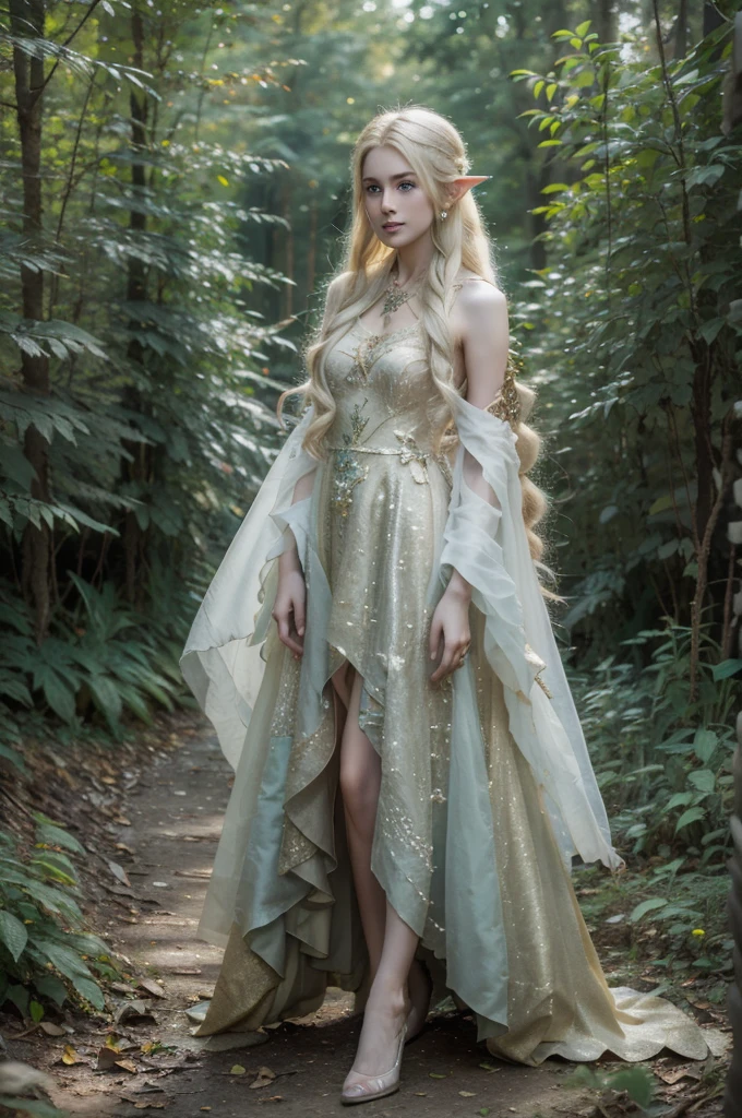 best quality, 8k, highly detailed face and skin texture, high resolution, blond long hair woman elf in gorgeous dress at the forest, full body, sharp focus