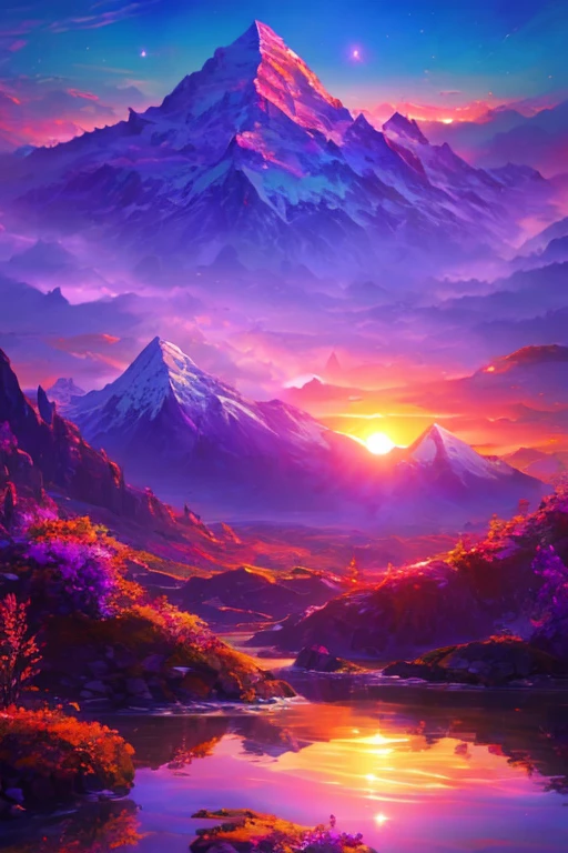 Epic work， （Complicated details）， （Complex design， hyper-detailing： 1.2），（tmasterpiece， Best quality）， hyper HD， 32K ， of a real ， （subsurface）， Superb art style,violet violet，red colour，The deities，Red sky，violet sky，starrysky，As estrelas，Light，civilization，super high-quality model, ethereal background, abstract beauty, mountain water Mountain，setting sun