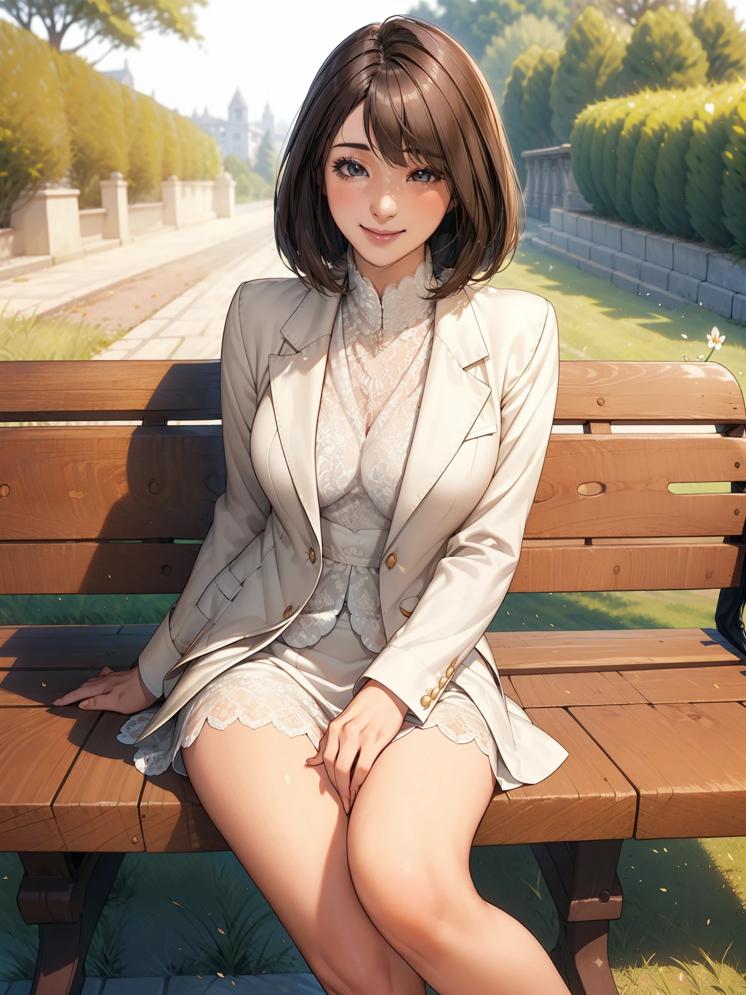 sunny day, Elegant photo of a girl in a blazer dress, (Puffy eyes:1.05), (White lace shirt), Platinum brown hair, (Angled Bob:1.4), Flat bangs, (Flowing hair), smile, Happy, happiness, Skin with attention to detail, Skin pores, A beautiful innocent symmetrical face, Long eyelashes, Black eyeliner, Light gold eyeshadow,(Sit on a bench), Crossed_feet, Emotional, Wind, garden, wood, Grass, masterpiece, highest quality, Realistic,