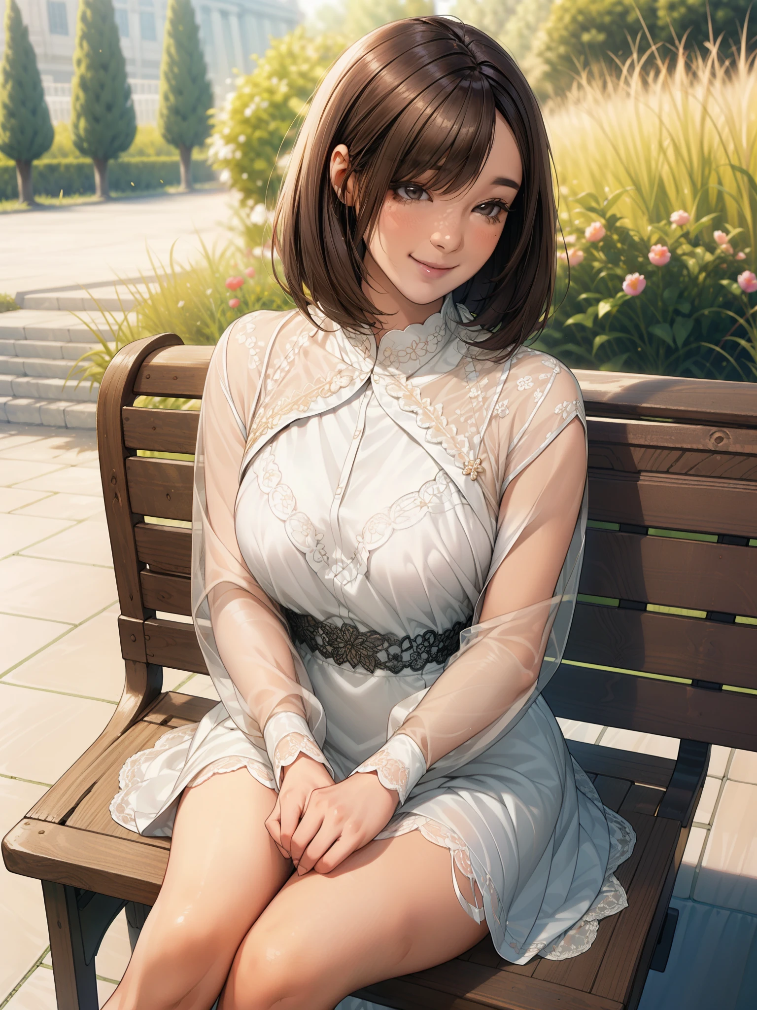 sunny day, Elegant photo of a girl in a blazer dress, (Puffy eyes:1.05), (White lace shirt), Platinum brown hair, (Angled Bob:1.4), Flat bangs, (Flowing hair), smile, Happy, happiness, Skin with attention to detail, Skin pores, A beautiful innocent symmetrical face, Long eyelashes, Black eyeliner, Light gold eyeshadow,(Sit on a bench), Crossed_feet, Emotional, Wind, garden, wood, Grass, masterpiece, highest quality, Realistic,