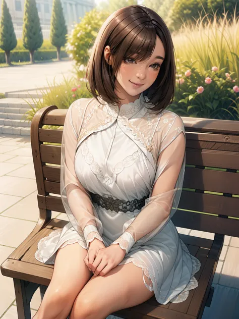 sunny day, Elegant photo of a girl in a blazer dress, (Puffy eyes:1.05), (White lace shirt), Platinum brown hair, (Angled Bob:1....