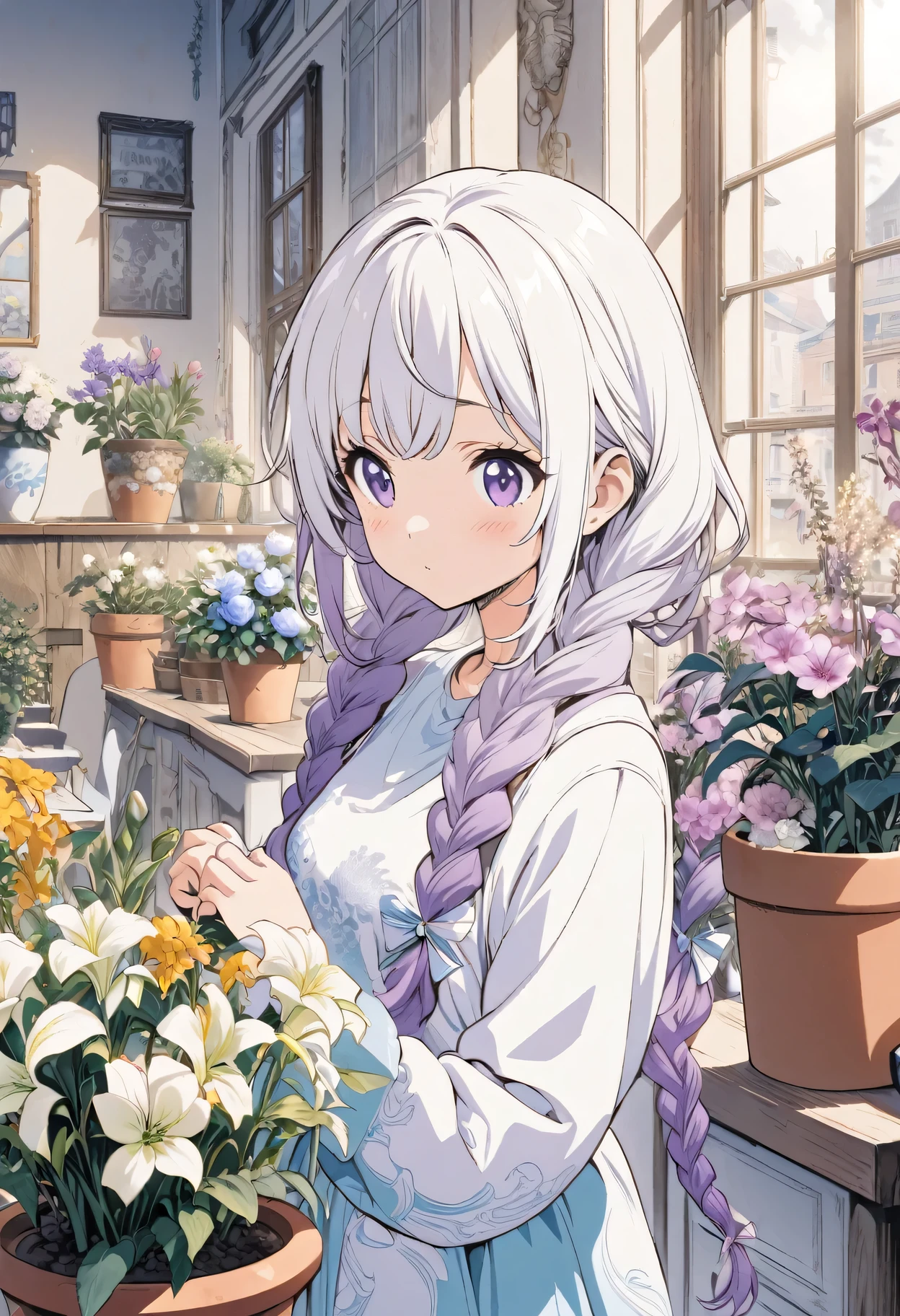 Best Quality,Official art,the Extremely Detailed CG Unity 8K Wallpapers,Slight retro color,riso print style,Illustration,Cute,1 girl,yinji, purple hair, purple eyes, long hair, white hair, double braids, gradient hair, Flowers,Window,flower pots,