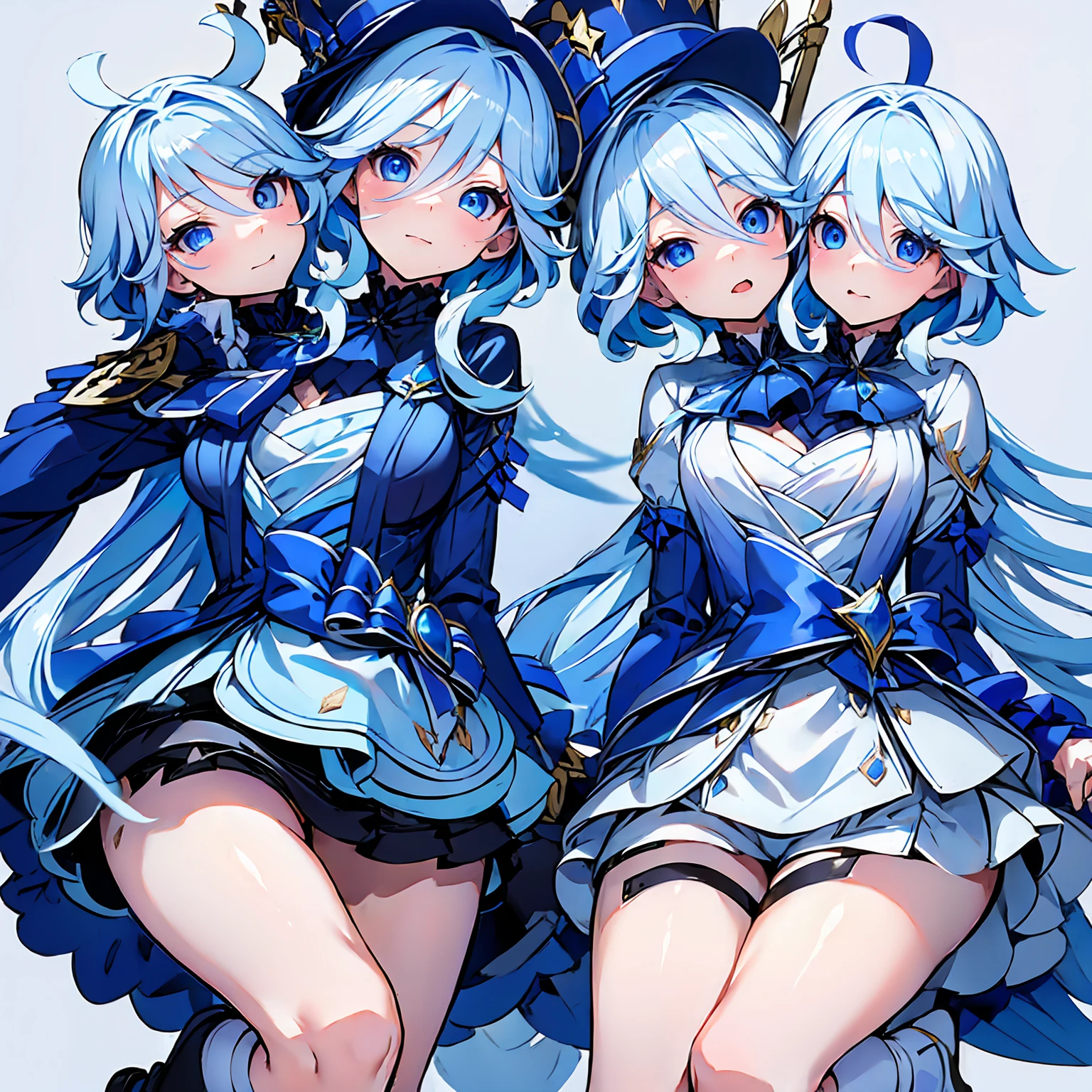 masterpiece,best quality,best resolusion,1 girl,detailed,2heads:2.5,Furina character,short white hair with a little blue mixed in,blue eyes,wearing a blue magician's hat,wearing blue long-sleeved clothes with white on the chest,normal breasts,wearing long blue socks,cute surprised facial expression,beautiful face,beautiful hair,beautiful eyes,beautiful body,beautiful hand,simple background,two heads one body,Conjoined twins