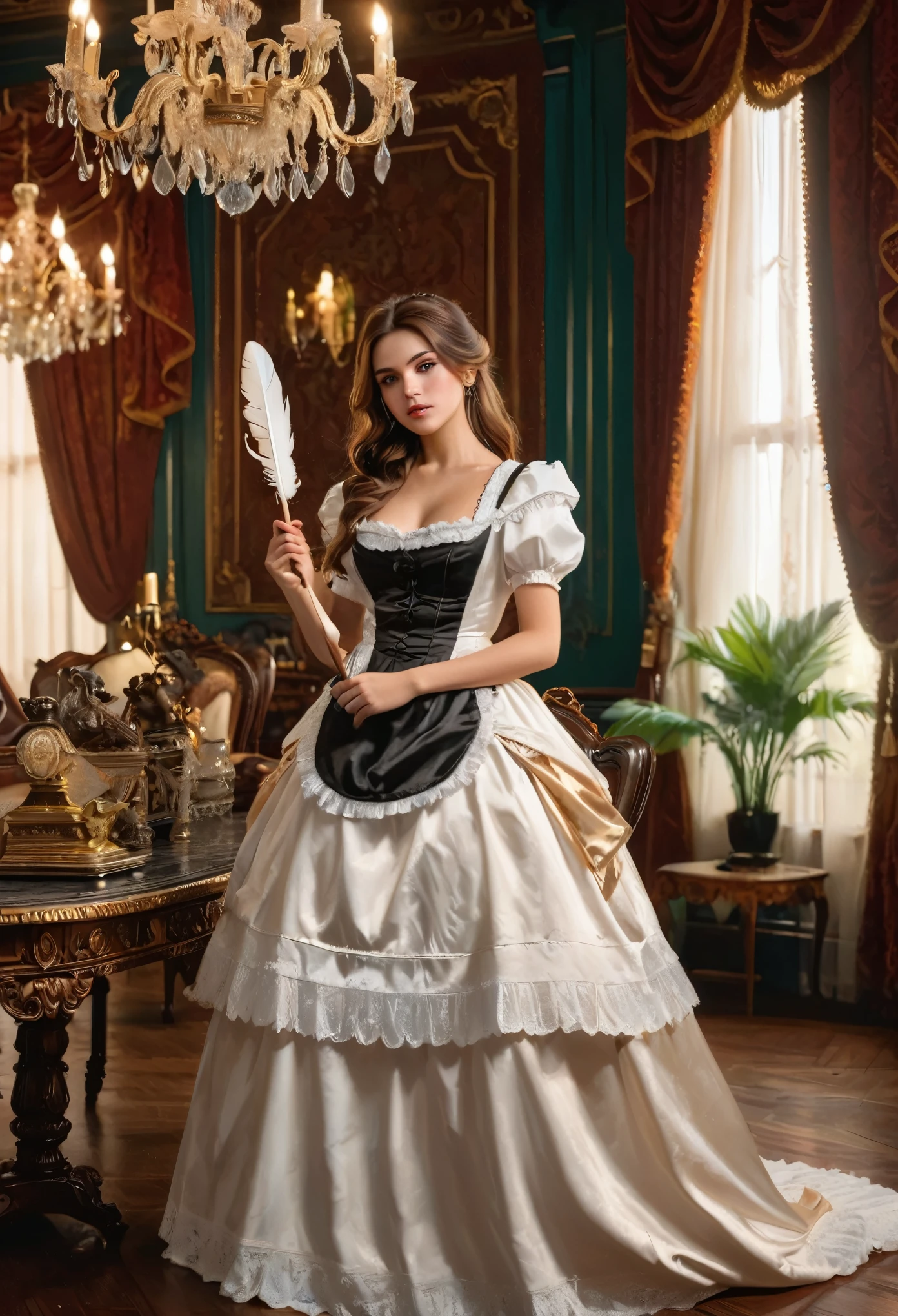 ein schönes Dienstmädchen in einem französischen Dienstmädchen-Outfit, langes braunes Haar, Detaillierte Augen, Detailliertes Gesicht, Porzellanhaut, Elegante Haltung, einen Staubwedel halten, Stehen in einem luxuriösen Zimmer im viktorianischen Stil, verzierte Möbel, chandelier, opulente Vorhänge, Parkettböden, dramatische Beleuchtung, Filmkomposition, komplizierte Details, leuchtende Farben, (beste Qualität,4k,8k,highres,Meisterwerk:1.2),ultra-detailliert,(realistisch,photorealistisch,photo-realistisch:1.37)