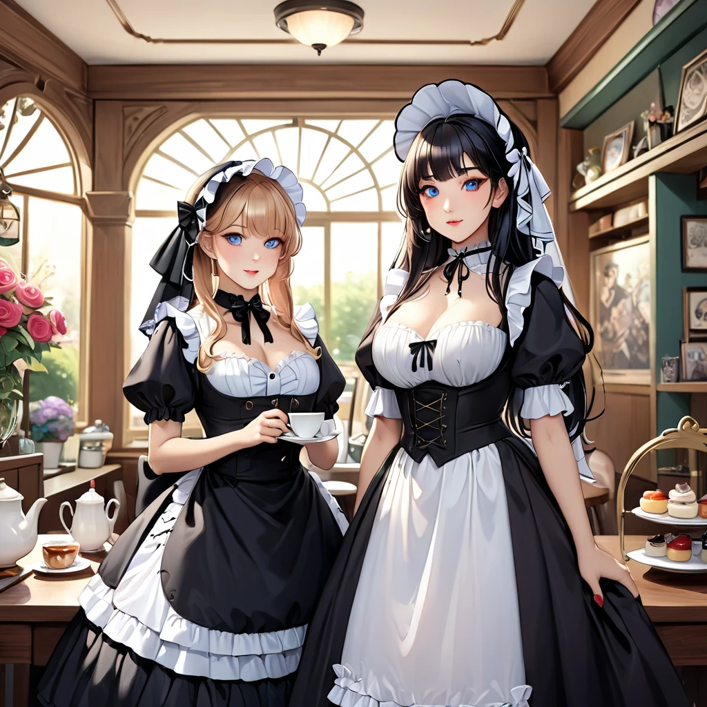 highest quality, masterpiece, Symmetrical and highly detailed eyes, Multiple girls, Highly detailed background,  tendency (Art Station:1.46), Surreal, Natural lighting, 8K resolution, masterpiece, Cafe with an English garden, A tea party with Gothic Lolita maid cosplayers、Gothic Lolita costume 女の子s in the background、Everyone is showing off their own cosplay.、An elegant white dress with a black base and a hidden chest、Highly detailed frills、Roll up the bonnet vertically、Skirt inflated with panniers、Gothic Lolita Style、Lolita 女の子 in white elegance black dress decorated with ruffles、Skirt with vertical roll pannier、Pixar Style, Tristan Eaton、Stanley Artgarm、Tom Bagshaw