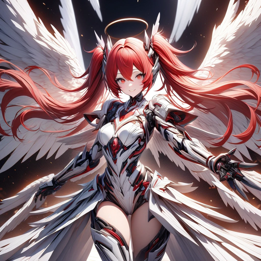A high quality, hyper detailed, 8K render of a female robot girl with red hair in twin tails, red eyes, wearing red and white clothing, holding a robotic gauntlet in one hand, set against a heavenly background with multiple smiling angels flying around, with the robot girl appearing to be reaching out and spreading her wings as if being guided by an angel's hand