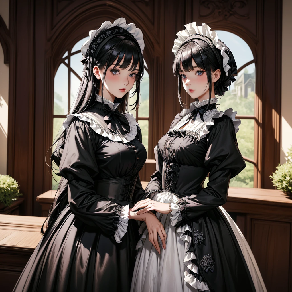 highest quality, masterpiece, Symmetrical and highly detailed eyes, Multiple girls, Highly detailed background, tendency (Art Station:1.46), Surreal, Natural lighting, 8K resolution, masterpiece, Cafe with an English garden, A tea  with Gothic Lolita maid cosplayers、Gothic Lolita costume 女の子s in the background、Everyone is showing off their own cosplay.、An elegant white dress with a black base and a hidden chest、Highly detailed frills、Roll up the bonnet vertically、Skirt inflated with panniers、Gothic Lolita Style、Lolita 女の子 in white elegance black dress decorated with ruffles、Skirt with vertical roll pannier、Pixar Style, Tristan Eaton、Stanley Artgarm、Tom Bagshaw