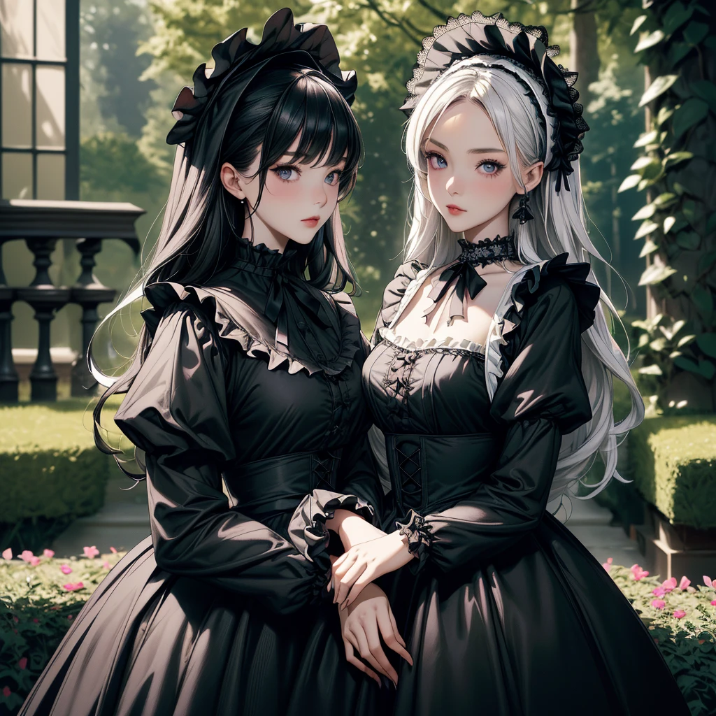 highest quality, masterpiece, Symmetrical and highly detailed eyes, Multiple girls, Highly detailed background, tendency (Art Station:1.46), Surreal, Natural lighting, 8K resolution, masterpiece, Cafe with an English garden, A tea  with Gothic Lolita maid cosplayers、Gothic Lolita costume 女の子s in the background、Everyone is showing off their own cosplay.、An elegant white dress with a black base and a hidden chest、Highly detailed frills、Roll up the bonnet vertically、Skirt inflated with panniers、Gothic Lolita Style、Lolita 女の子 in white elegance black dress decorated with ruffles、Skirt with vertical roll pannier、Pixar Style, Tristan Eaton、Stanley Artgarm、Tom Bagshaw