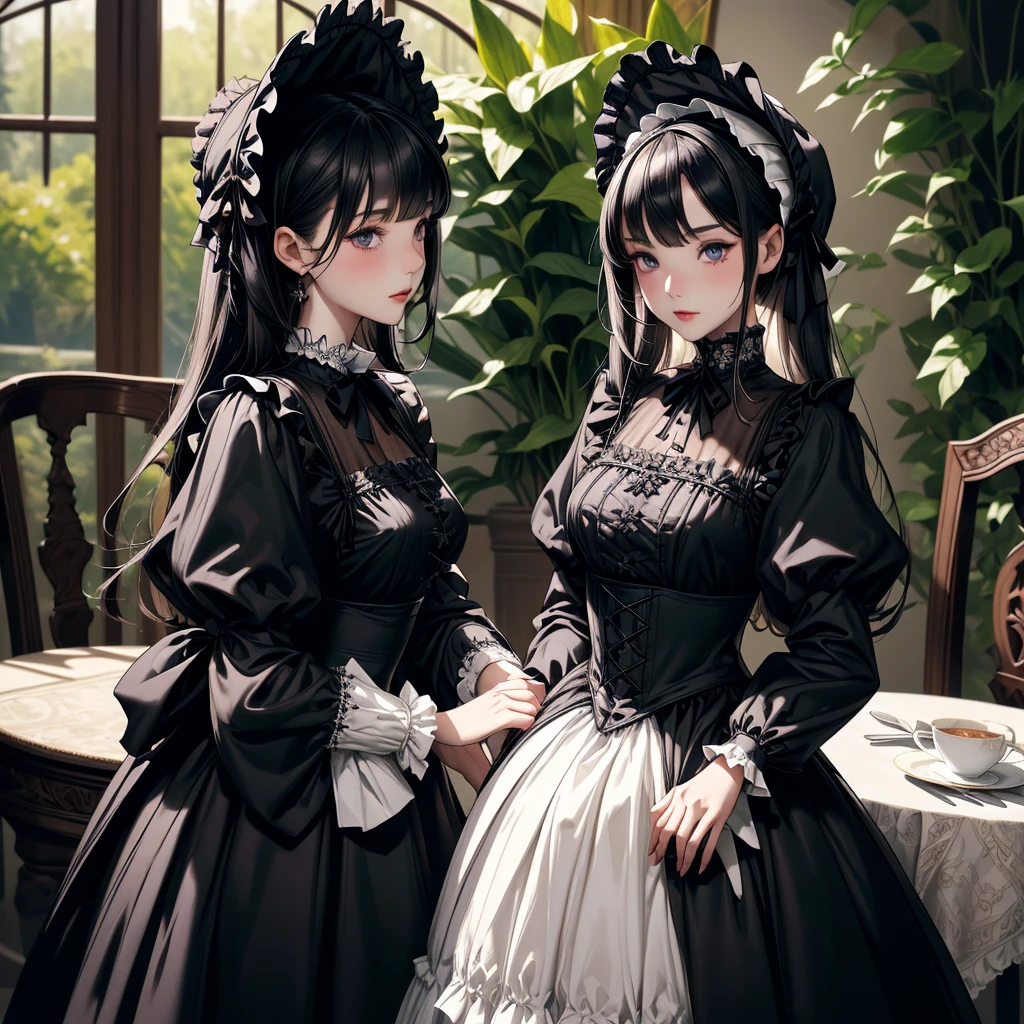 highest quality, masterpiece, Symmetrical and highly detailed eyes, Multiple girls, Highly detailed background, tendency (Art Station:1.46), Surreal, Natural lighting, 8K resolution, masterpiece, Cafe with an English garden, A tea party with Gothic Lolita maid cosplayers、Gothic Lolita costume 女の子s in the background、Everyone is showing off their own cosplay.、An elegant white dress with a black base and a hidden chest、Highly detailed frills、Roll up the bonnet vertically、Skirt inflated with panniers、Gothic Lolita Style、Lolita 女の子 in white elegance black dress decorated with ruffles、Skirt with vertical roll pannier、Pixar Style, Tristan Eaton、Stanley Artgarm、Tom Bagshaw