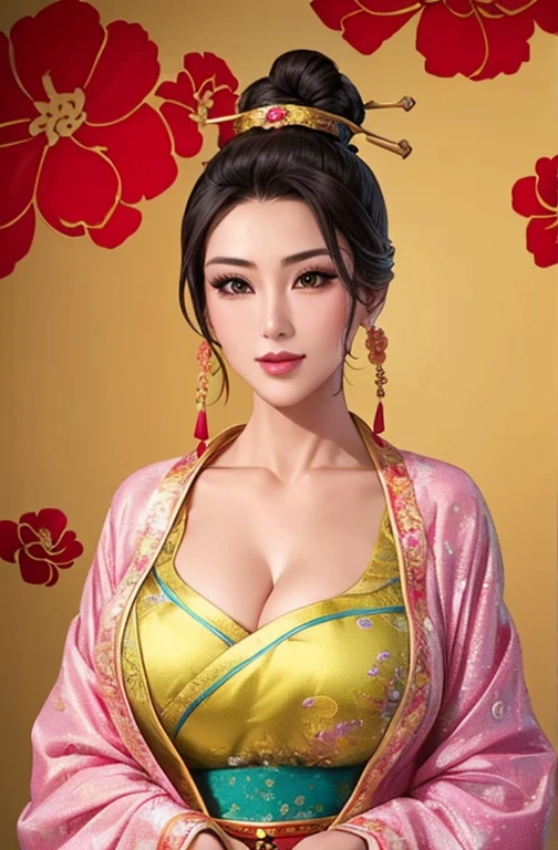 Belle fille、noeud supérieur,coiffe chinoise:1.4,Épingles à cheveux chinoises:1.4,haut niveau de qualité d&#39;image、Comme une photo avec un reflex、beauté aux gros seins((gros seins、Affaissement des seins、Coupe-bas，décolleté ，Hanches larges,)))((Longues jambes)),chiffre de sablier))、corps de、vêtements chinois、fente、Dessinez une œuvre d&#39;art représentant une femme portant un cheongsam traditionnel