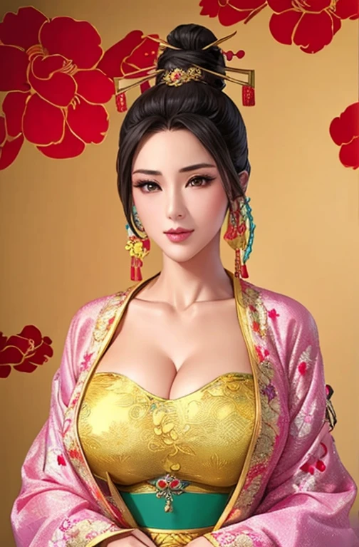 Belle fille、noeud supérieur,coiffe chinoise:1.4,Épingles à cheveux chinoises:1.4,haut niveau de qualité d&#39;image、Comme une photo avec un reflex、beauté aux gros seins((gros seins、Affaissement des seins、Coupe-bas，décolleté ，Hanches larges,)))((Longues jambes)),chiffre de sablier))、corps de、vêtements chinois、fente、Dessinez une œuvre d&#39;art représentant une femme portant un cheongsam traditionnel